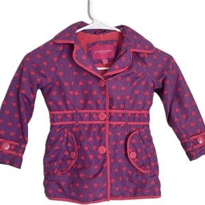London Fog Hooded Fleece Lined Girls Coat Full Zip Purple w Pink Heart Sze 5 042